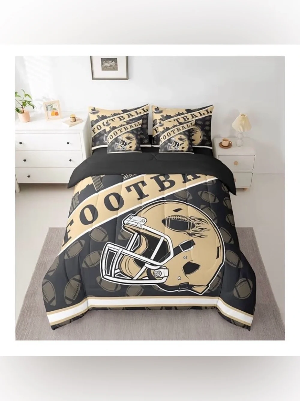 American Rugby Football City Comforter Set. Queen, Vacuum Sealed, Black&Brown